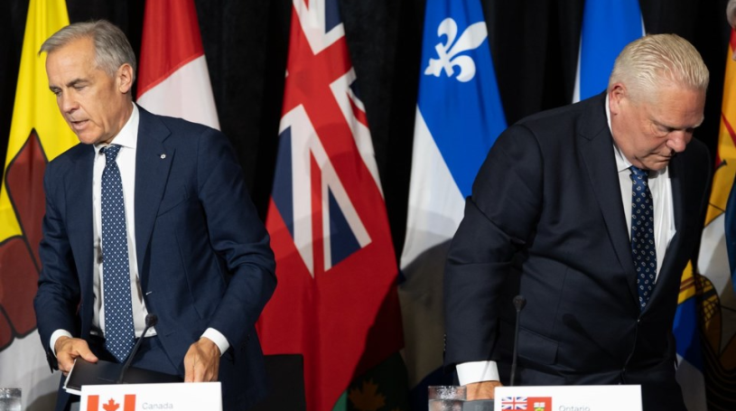 Prime Minister Mark Carney, left, and Ontario Premier Doug Ford leave the closing press conference at the First Ministers Meetings in Charlottetown on Thursday, July 23, 2026. THE CANADIAN PRESS/Darren Calabrese